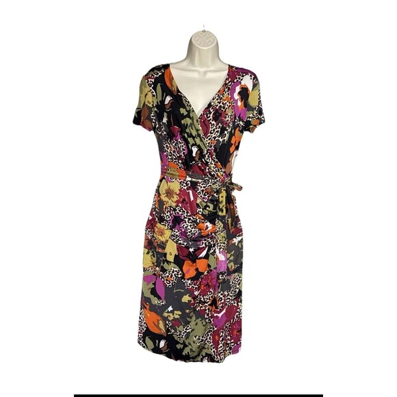Max Mara Size M Floral Animal Print Faux Wrap Knee-Length Dress Stretchy Belted - Picture 13 of 13